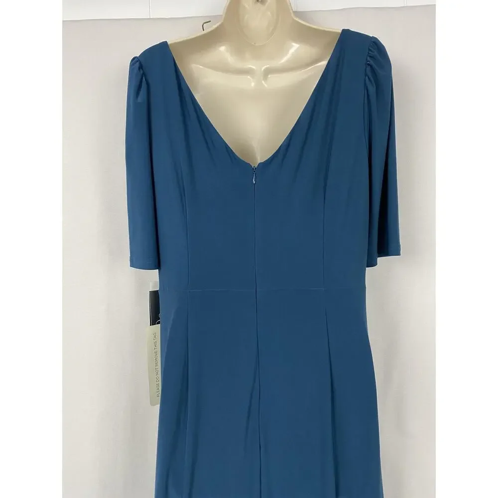 Adrianna Papell Dress Womens 12 Blue Ruched Puff Sleeve Hi Low Semi Formal Gown - Picture 4 of 13